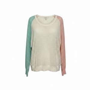 Colorblock Scoop Neck Raglan Long Sleeve Sheer Pullover Sweater Multicolor Large